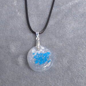 Handmade Resin Necklace Blue Pressed Flowers On Black Cord 18 in